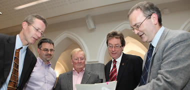 Pictured at the launch of the Brendan Duddy Archive at NUI Galway where eight unseen documents from the historical papers were unveiled, from left: John Cox, Librarian, NUI Galway; Dr Niall Ó'Dochartaigh, Lecturer in Politics, NUI Galway; Mr Brendan Duddy; President Jim Browne; and University Archivist Kieran Hoare.